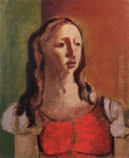 Woman In Red Waistcoat Oil Painting by Bernard Meninsky