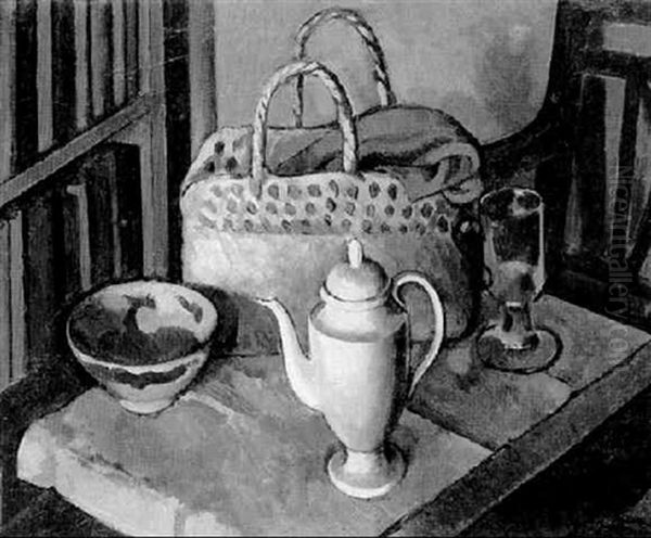 Still Life - Teapot And Basket Oil Painting by Bernard Meninsky