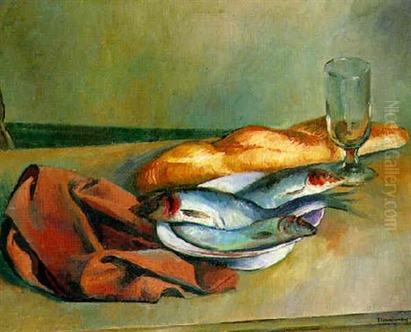 Still Life With Loaves And Fishes Oil Painting by Bernard Meninsky