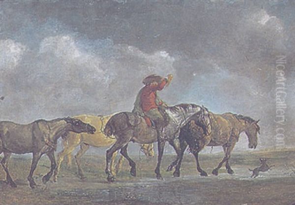 Reiter Mit Jagdhorn, Einen Pferdezug Antreibend Oil Painting by Gottfried Menken