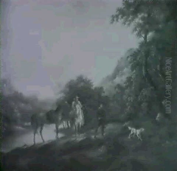 Auf Der Jagd. In Heroisierender Landschaft Steht Ein Jager  Mit Vorgehaltenem Gewehr, Vor Ihm Sein Jagdhund Oil Painting by Gottfried Menken