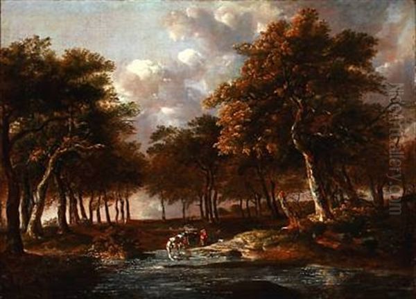 View Of Woods In Northern Germany With A Man Watering His Horse Oil Painting by Johann Heinrich Menken