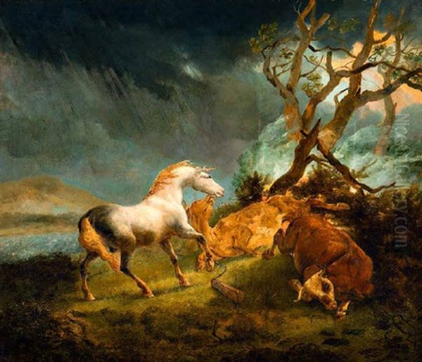 Pferd Und Zwei Rinder Im Gewittersturm Oil Painting by Johann Heinrich Menken