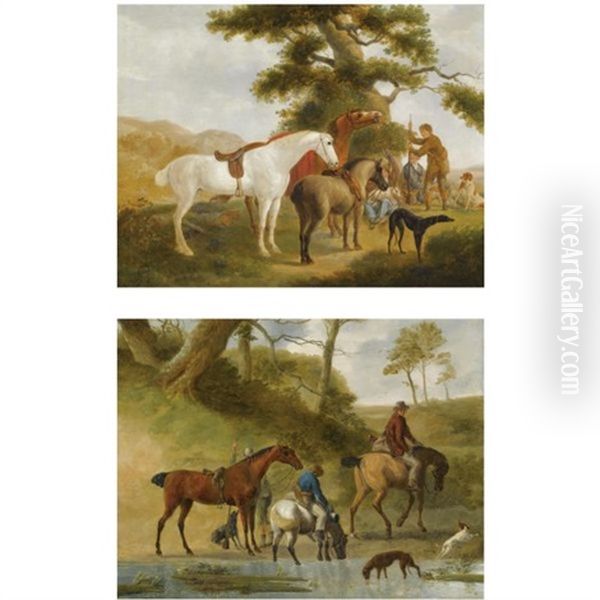 Huntsmen Resting Near A Tree With Their Hounds And Horses (+ Huntsmen With Their Horses Halting At A Stream, Accompanied By Their Hounds; Pair) Oil Painting by Johann Heinrich Menken