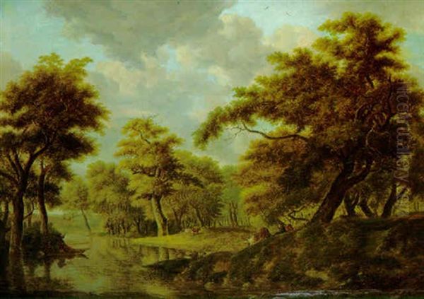 Bewaldete Flusslandschaft Mit Hirten Und Stakendem Kahfahrer Oil Painting by Johann Heinrich Menken