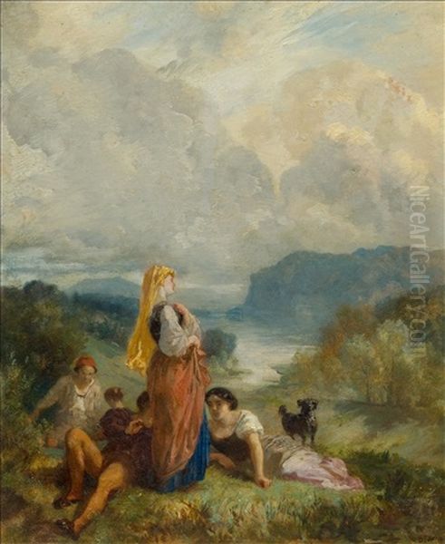 Group Of Figures Before A River Landscape Oil Painting by Barthelemy Menn