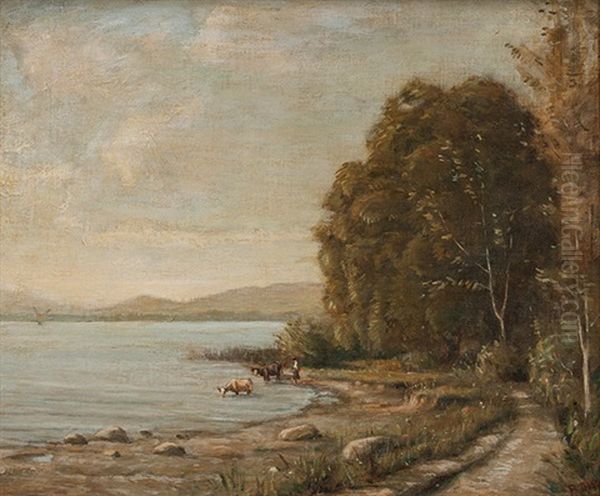 Baumbestandene Seelandschaft Mit Hirtin Und Kuhen Oil Painting by Barthelemy Menn