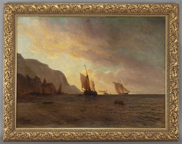 Ships Off The Coast Oil Painting by Louis Mennet