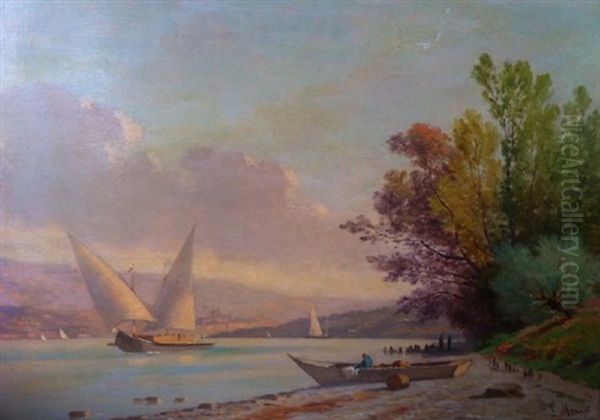 Barque Du Leman, Vers Geneve, Depuis La Rive Droite Oil Painting by Louis Mennet