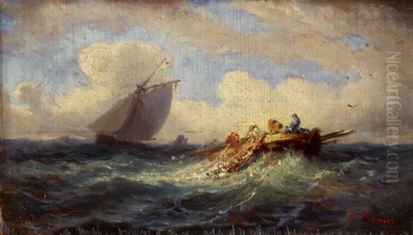 Fischer Beim Einziehen Der Netze Auf Sturmischer See Oil Painting by Louis Mennet