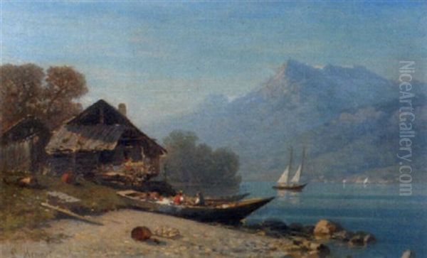 Sommerliche Seeuferpartie Oil Painting by Louis Mennet