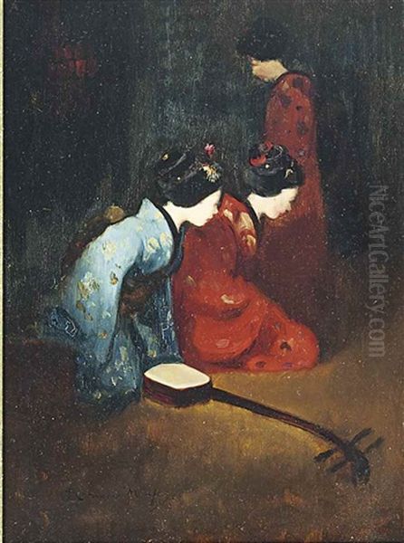 Japanese Musicians In An Interior With A Shamisen Oil Painting by Mortimer Luddington Menpes