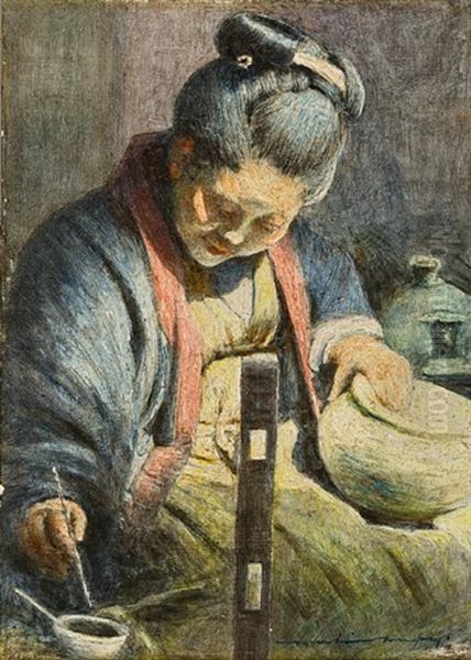 A Japanese Woman Decorating A Pot Oil Painting by Mortimer Luddington Menpes