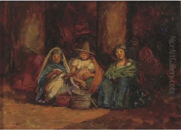 Indian Women Selling In A Market Place, Mexico Oil Painting by Mortimer Luddington Menpes