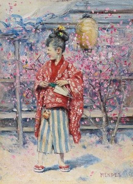 Girl In A Japanese Garden, Spring Oil Painting by Mortimer Luddington Menpes