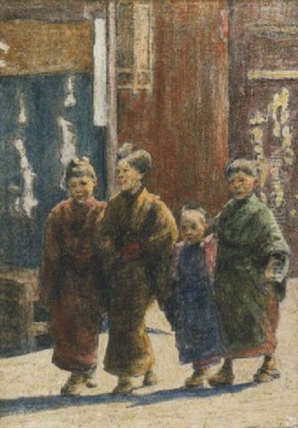 Japanese Children In The Street Oil Painting by Mortimer Luddington Menpes