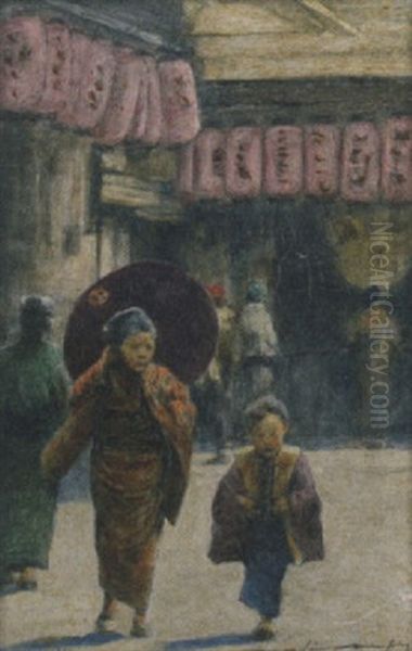 A Busy Japanese Street Oil Painting by Mortimer Luddington Menpes