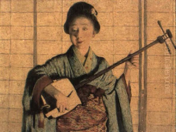 A Primrose Dame: Japanese Girl Playing A Samisen Oil Painting by Mortimer Luddington Menpes