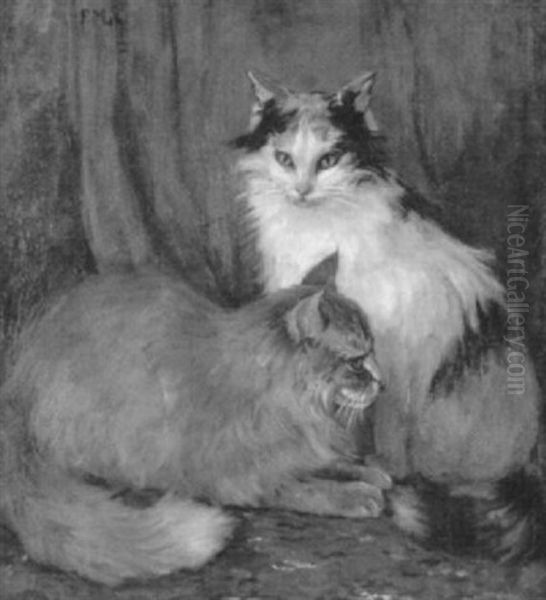 Zwei Katzen Vor Blauem Vorhang Oil Painting by Frieda Menshausen-Labriola