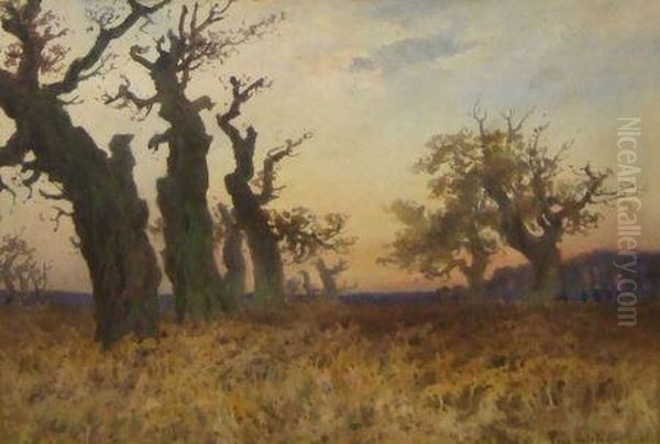 Oak Trees And Bracken In Winter Oil Painting by Paul Bertram