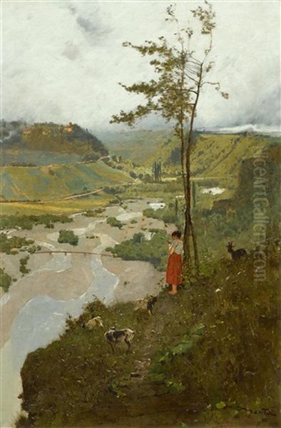 Young Shepherdess In A Landscape Oil Painting by Edouard (John) Menta