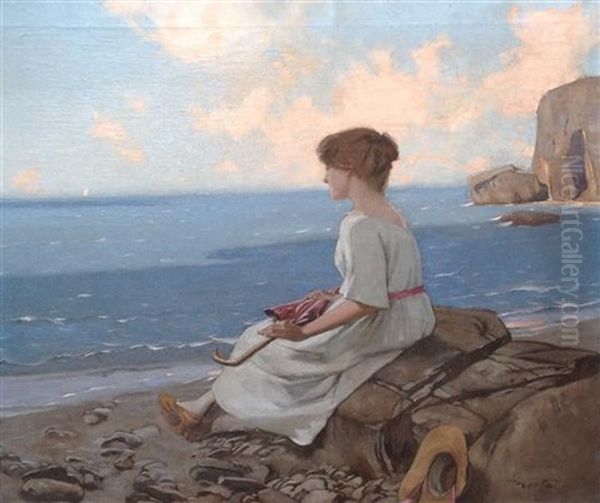 Young Girl By The Sea Oil Painting by Edouard (John) Menta