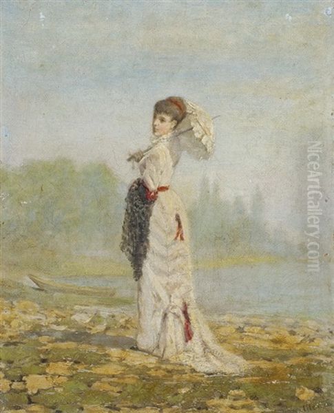 Elegante Dame Mit Sonnenschirm Oil Painting by Edouard (John) Menta