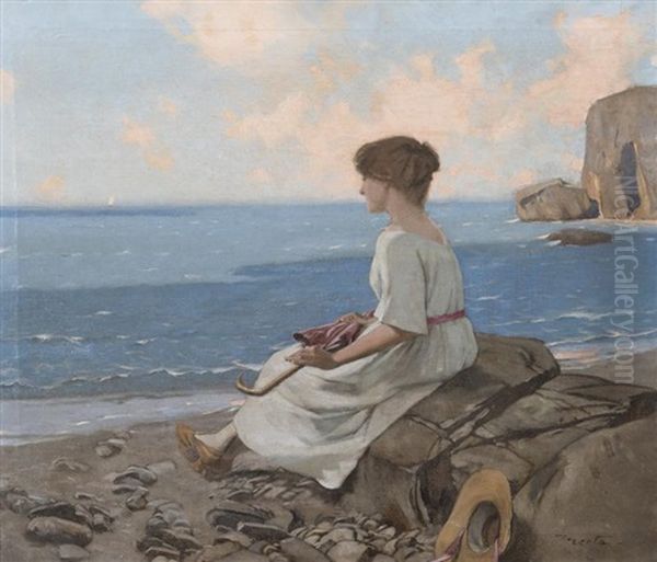 Femme Pensive Sur La Plage Oil Painting by Edouard (John) Menta