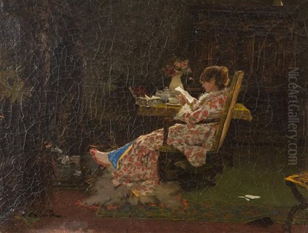 Femme A Sa Lecture Dans Un Interieur Oil Painting by Edouard (John) Menta