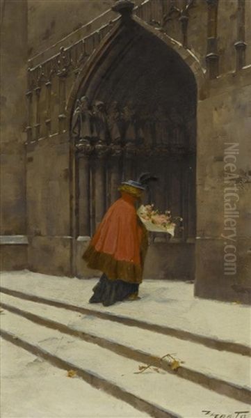 Junge Dame Am Eingang Einer Kirche Oil Painting by Edouard (John) Menta