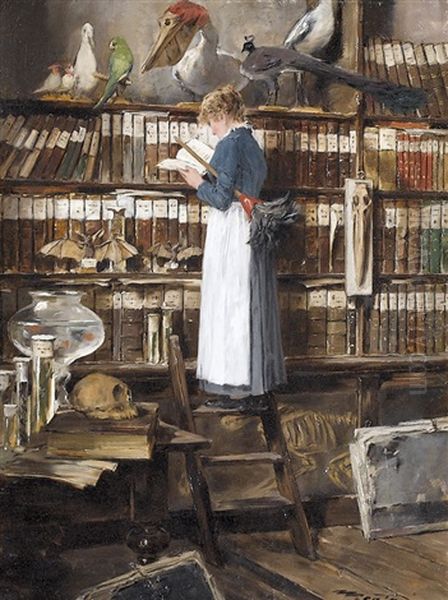 Bibliotheksinterieur Mit Lesender Magd Oil Painting by Edouard (John) Menta