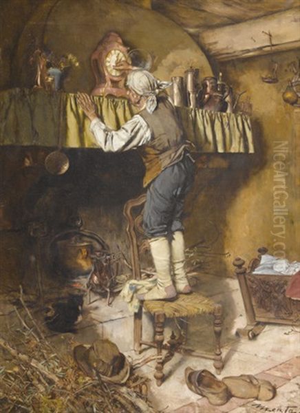 Interieur Mit Bauer Beim Richten Des Pendulenzeigers Oil Painting by Edouard (John) Menta