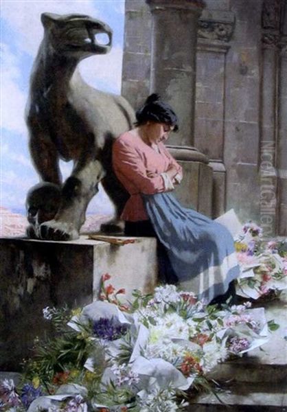 La Marchande De Fleurs Oil Painting by Edouard (John) Menta