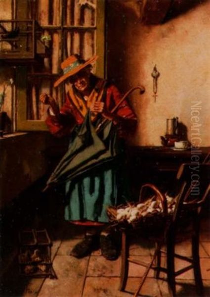 Lady Mending Umbrella In Interior With Basket Of Eggs Oil Painting by Edouard (John) Menta