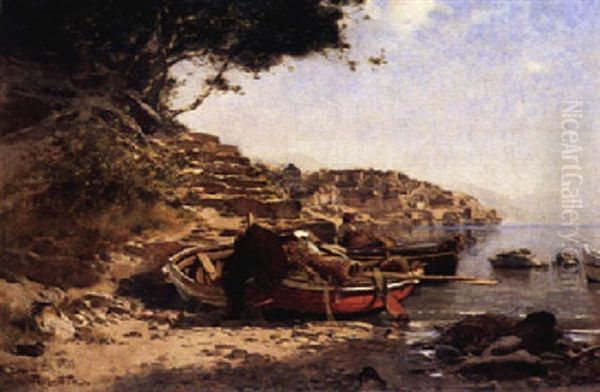 Fischerboote Am Strand In Sudlicher Kustenlandschaft Oil Painting by Edouard (John) Menta