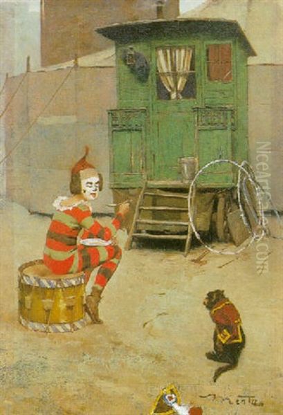 Clown Mit Affchen Oil Painting by Edouard (John) Menta