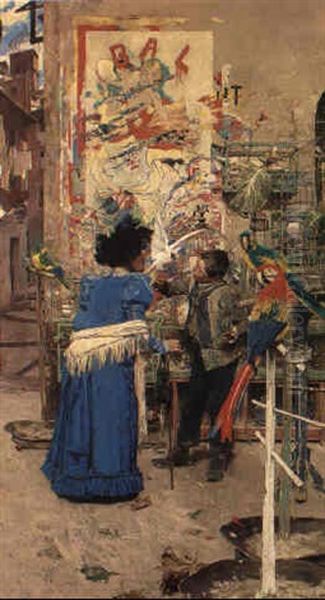 The Parrot Seller, Nice Oil Painting by Edouard (John) Menta