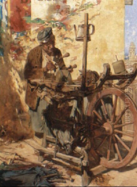 Le Reparateur D'ombrelles A Paris Oil Painting by Edouard (John) Menta