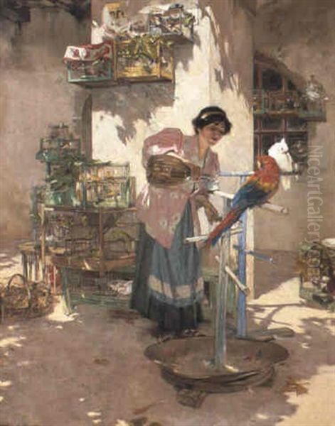 Lady Feeding Birds Oil Painting by Edouard (John) Menta