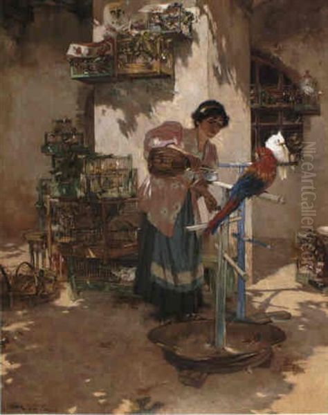 Lady Feeding Birds Oil Painting by Edouard (John) Menta