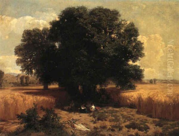 Bauern Bei Der Mittagsrast Mitten Im Weizenfeld Unter Einer Eiche Oil Painting by Edouard (John) Menta