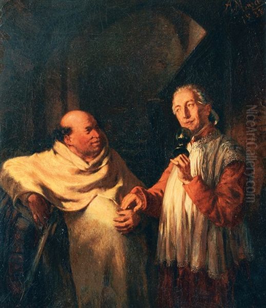 Monk And Priest In A Wine Cellar Oil Painting by Adolph von Menzel