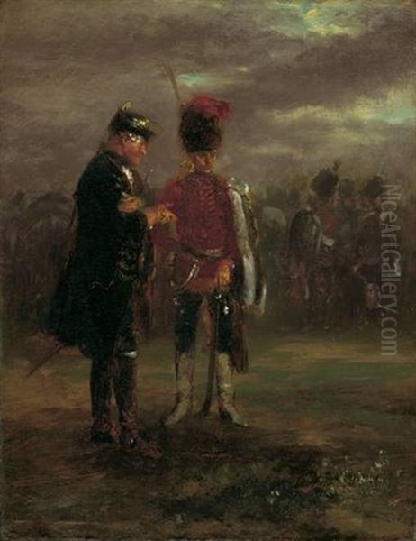 Two Frederician Officers In Conversation by Adolph von Menzel