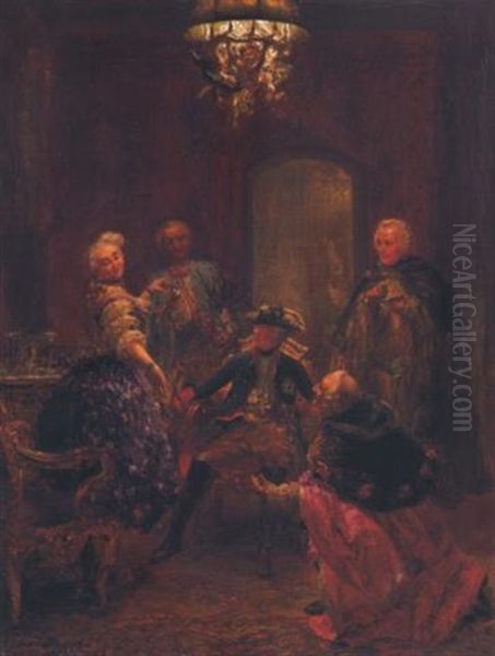 Friedrich Der Grosse Und Die Tanzerin Barbarina Mit Chevalier De Chasot, Graf Algarotti Und General Rothenburg Oil Painting by Adolph von Menzel