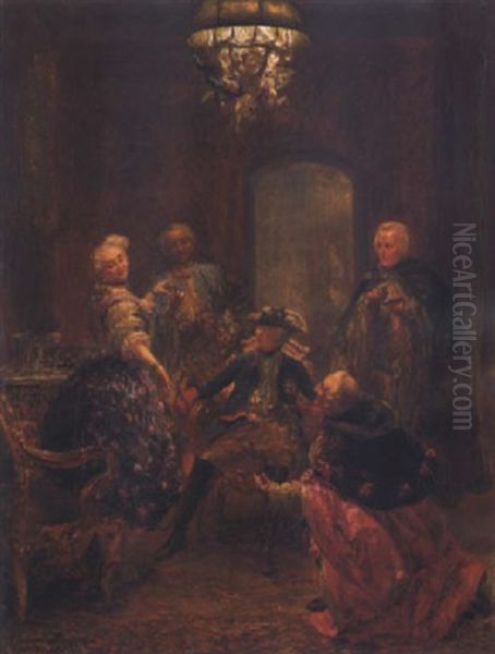 Friedrich Der Grosse Und Die Tanzerin Barbarina Mit Chevalier De Chasot, Graf Algarotti Und General Rothenburg Oil Painting by Adolph von Menzel