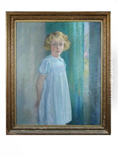 Morag - Portrait Of A Young Girl In A Blue Smocked Dress Oil Painting by John Menzies