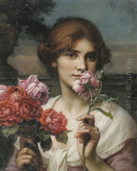 Junge Frau Mit Rosenbouquet Oil Painting by Wilhelm Menzler