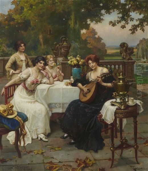 Musikalische Unterhaltung Auf Der Terrasse Oil Painting by Wilhelm Menzler