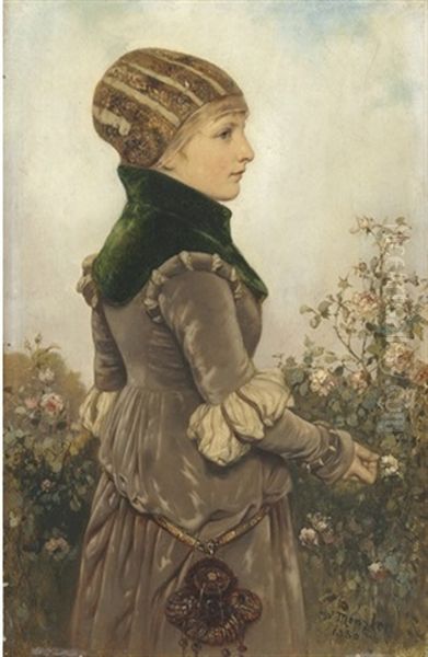 A Noble Maiden In A Garden Oil Painting by Wilhelm Menzler