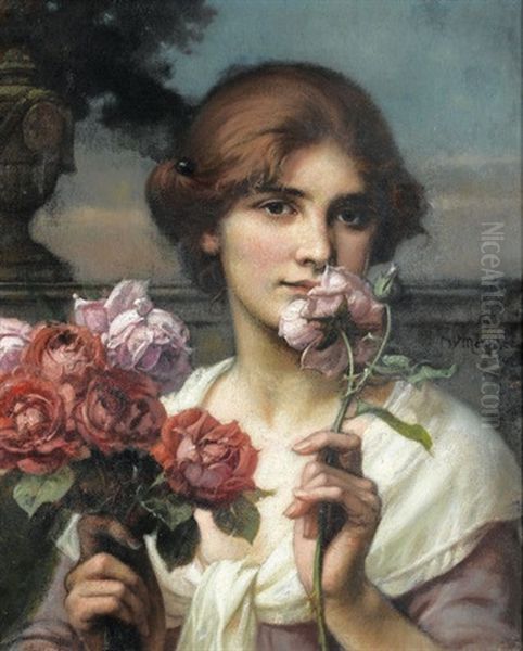 Junge Muse Mit Rosenbouquet Oil Painting by Wilhelm Menzler